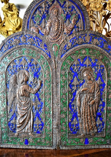 18th century - Triptych in copper and  polychrome enamels.